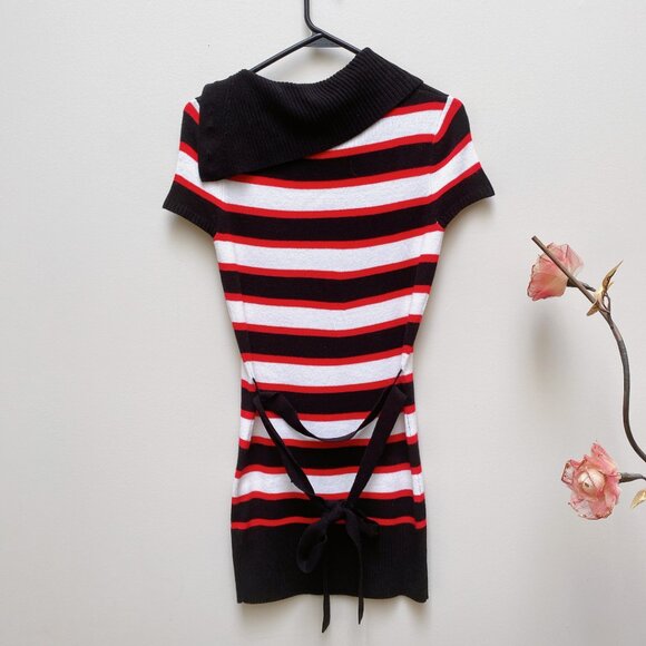 Le Chateau Red Black White Striped roll button neck Knitted Belted Mini Dress - Picture 6 of 6